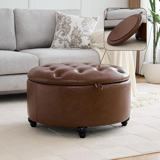 30Inch Round Storage Ottoman with Tray, Modern Tufted Leather Circle Coffee Table with Storage, Upholstered Ottoman with Removable Top for Living Room, Bedroom, Leather Coffee