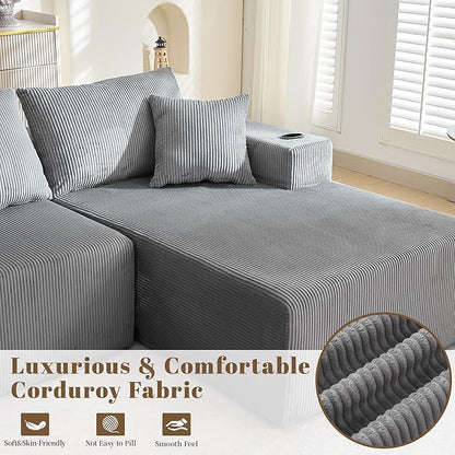 107" Cloud Sectional Couch, Modular Sectional Sofa with L-Shape Chaise, Corduroy Boneless Couch with Deep Seat, Upholstered Sofa for Living Room, No Assembly Required(Right-Facing Chaise, Dark Grey)
