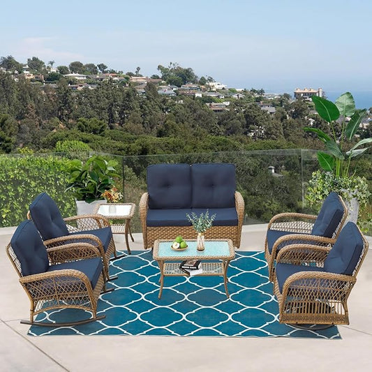 VIVIJASON 7-Piece Outdoor Patio Wicker Conversation Sets, All Weather Outdoor Rattan Furniture Set Includes Glider Loveseat, 2 Rocking Chairs, 2 Swivel-Gliders Chairs, 2 Coffee Table, Navy Blue