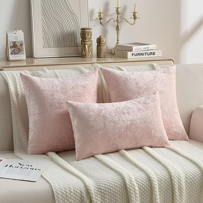 FUTEI Pink Flannel Throw Pillow Covers 12x20 Inch Set of 2,Soft Dimensional Textured Lumbar Pillow Cases,Modern Home Decor for Couch Living Room
