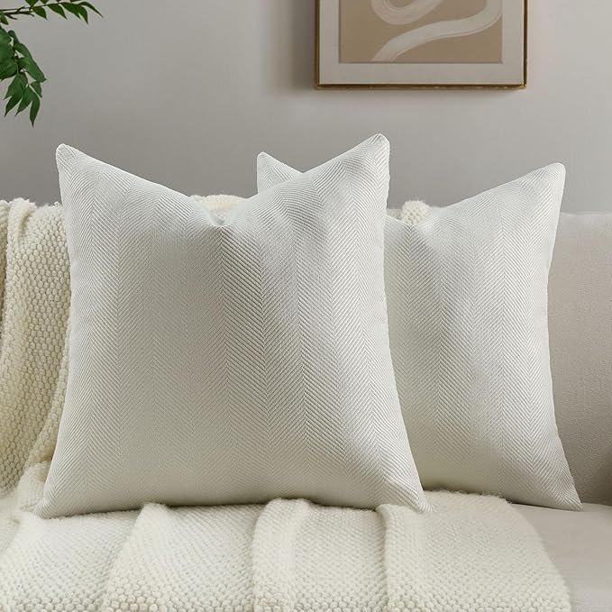 FUTEI Cream White Chenille Throw Pillow Covers 24x24 Inch Set of 2,Soft Wide Chevron Textured European Pillow Shams,Farmhouse Home Decor for Couch Bed Living Room