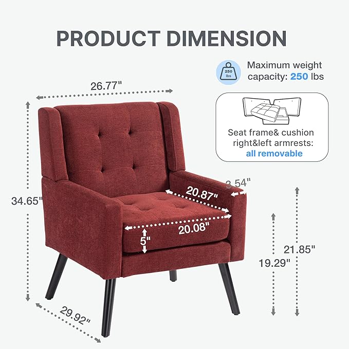 Mid-Century Modern Accent Chair Set of 2, Plush Linen Fabric with Button Tufted High Back & 5" Thick Cushion, High Comfort Reading Chair for Living Room, Bedroom, Office (Red)