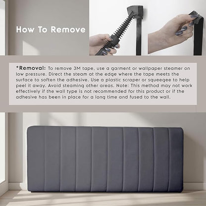 Upholstered Full Headboard - Easy Assemble Channel Stitched Headboard Full Size - Wall Mounted Headboards with 3D Soundproof Wall Panels Peel & Stick Floating Headboards, Grey