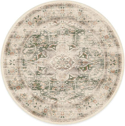 RUGGABLE Washable Vintage Area Rug – Sarrah Sage 6 ft Round, Stain-Resistant, Non-Slip – Medium Machine Washable Rugs for Living Room, Bedroom, Hallway, Entryway & Office–with Cushioned Pad