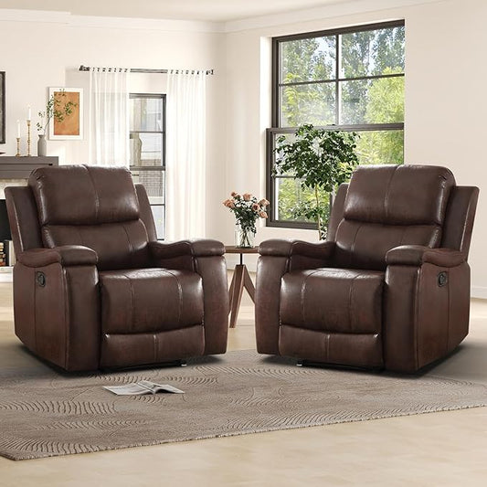 Leather Recliner Chair, Manual Recliner Chair for Adults with Overstuffed Arms and Back, Single Sofa Recliner with Cup Holders for Living Room Set of 2, Red Brown