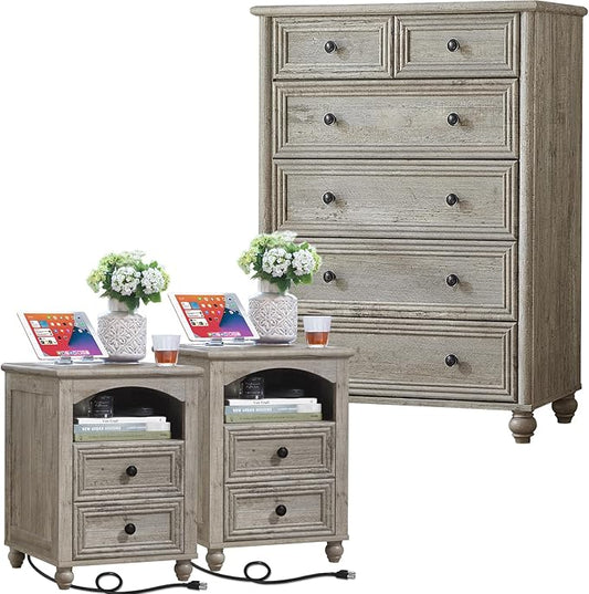 Dressers and Night Stand Set of 3, Wood 43.5" Tall Dresser and 18" Wide with Charging Station Chest of Drawers, Roman Column Nightstand Set of 2, Bedroom Furniture Dresser Suites for Home Living Room