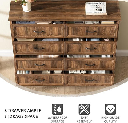 CARPETNAL Farmhouse Dresser and Nightstand Sets for Bedroom, 4 Pcs Bedroom Set, 5 Drawer & 8 Drawer Dresser and Nightstand Set of 2, Wood Chest of Drawers for Living Room, Entryway, Brown