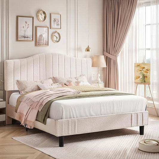 VECELO Queen Size Bed Frame Upholstered Platform Beds with Height-Adjustable Teddy Fabric Headboard, Strong Wood Slats 7.9'' Under Bed Storage Space Noise-Free No Box Spring Needed, Beige