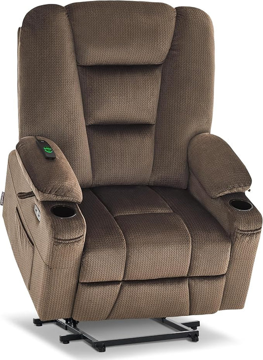 MCombo Oversized Power Lift Recliner Chair with Massage and Heat for Big and Tall Elderly People, Cup Holders, USB Ports, Side Pockets, Fabric R7541 (Brown, Large-Oversize)