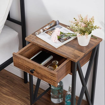 VECELO Tall Nightstand,27.6 inch Wooden End Table with Metal X-Frame,Side Table with Drawer and Storage Shelf for Living Room Bedroom Entryway Small Spaces