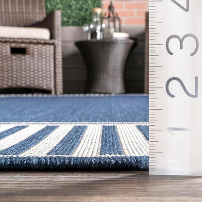 nuLOOM 10' x 12' Outdoor Area Rug, Casual Design With Striped Border, Stain Resistant, Highly Durable, For Patio, Balcony, Bedroom, Living Room, Dining Room, Bathroom, Navy