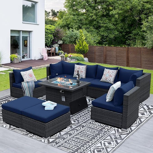 NICESOUL 9 Piece Oversized Outdoor Patio Furniture Set, 29.3'' High Back Comfy Sectional Sofa Set with Firepit Natural Gas & Propane, Deep Seating Conversation Couches, 2 Color Cushion Navy & Gray