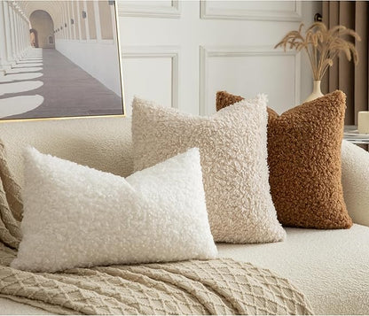 Pack of 2 Curly Teddy Wool Faux Fur Throw Pillow Covers Fuzzy Accent Soft Sherpa Pillowcases Sheepskin Fleece Decorative Cushion Case for Sofa Couch Living Room 22x22 Inch Neutral White