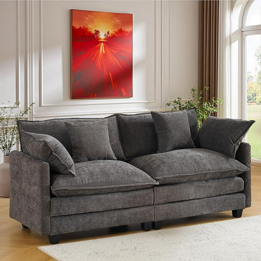 77" Cloud Chenille Sofa Set with Pillows, Deep Seat Loveseat Couch for Apartments, Space Saving 2-Seater with Solid Wood Frame, Easy Assembly (1YR Guarantee)