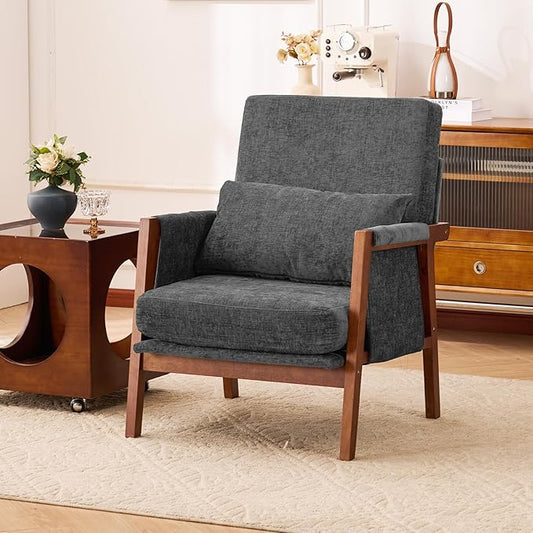 Accent Chair Mid-Century Modern with Lumbar Support Pillow, Upholstered Living Room Chairs with Wooden, Chenille Armchair with Cushion, Anthropologie Side Chair for Bedroom, Dark Grey