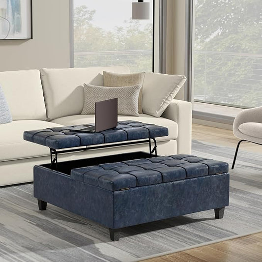 SIMPLIHOME Harrison 40 inch Wide Transitional Square Large Coffee Table Storage Ottoman in Denim Blue Vegan Faux Leather, Assembled, for The Living Room and Bedroom