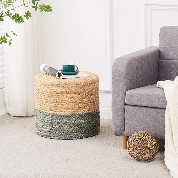 Wimarsbon Pouf Ottomans, Natural Seagrass Foot Stool, Hand Weaving Round Footrest, Poof Pouffe Accent Chair with Wood Frame for Living Room, Bedroom (68LE)