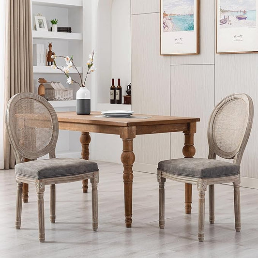 Farmhouse Leather Dining Room Chairs Set of 2 French Dining Chairs with Round Rattan Back French Bistro Chairs for Dining Room/Living Room/Kitchen/Restaurant, Grey