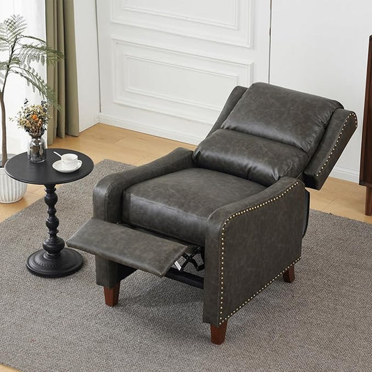 Pushback Recliner Chair, PU Leather Push Back Armchair, Upholstered Recliner Chair 105-135 Degree Adjustable, Retro Accent Chair for Living Room Bedroom - Gray