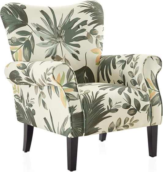 BELLEZE Modern Accent Chair, High Back Armchair, Upholstered Wingback Side Chair, Padded Single Sofa with Wooden Legs for Living Room, Bedroom - Green Floral