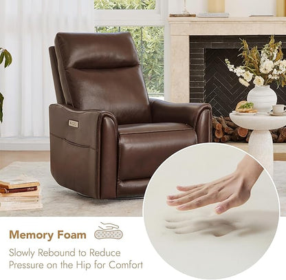 Watson & Whitely Genuine Leather Power Recliner Chairs for Adults, Swivel Glider Recliner Chair for Living Room with Charging Ports, Dark Brown