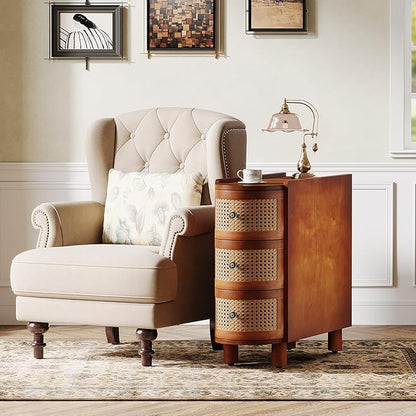 Tribesigns Solid Wood End Table, 3-Drawer Rattan Side Table, Night Stand with 3 Rattan Drawers and Exquisite Embossed Handles for Living Room, No Assembly Required (Walnut & Oak, 1PC)