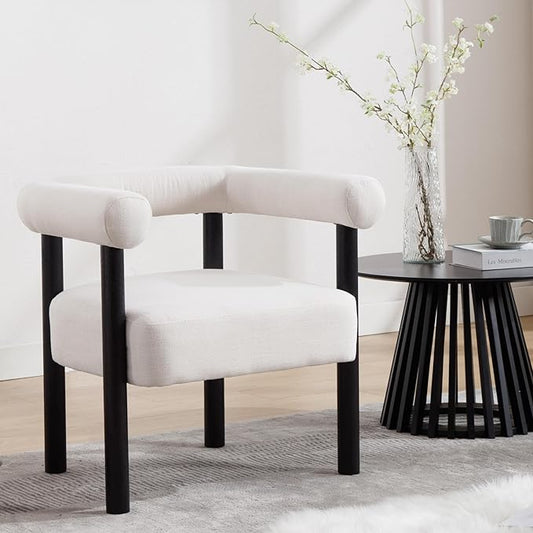 Barrel Accent Chair, Linen Upholstered Armchair, Mid-Century Modern Accent Chair with Curved Backrest and Wood Legs for Living Room, Bedroom, Office, Beige