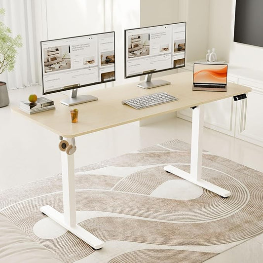 ERGOMAKER Electric Standing Desk, 55" x 23.6" Height Adjustable Sit Stand Desk with Splice Board for Home Office, Computer Desk Memory Preset (White Frame, Gold Oak Desktop)