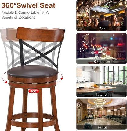 COSTWAY Bar Stool Set of 2, 360-Degree Swivel Solid Wood Stools with Soft Cushion & Backrest, 25”Height Kitchen Counter Bar Stools for Kitchen Island, Pub, and Restaurant (2, 25 inch)