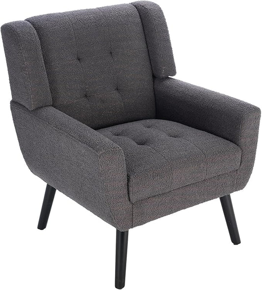 Dolonm Midcentury Modern Teddy Accent Chair with Arms, Upholstered Reading Side Chair Tufted Back Decorative Wingback Chair for Living Room Bedroom (Grey)