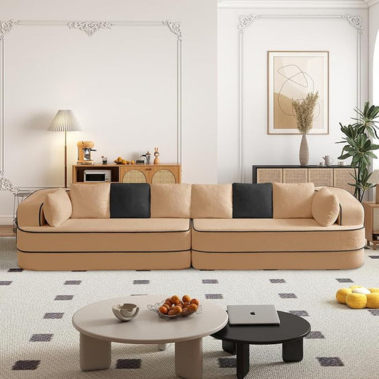 Cloud Sectional Sofa Modern Boneless Couch for Living Room, Comfy Deep Seat Comfy Teddy Fabric Double Sofa Chaise No Assembly Required (Camel, 135"- 4 Seater)