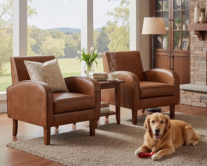 Brown Faux Leather Accent Chair Set of 1, Mid Century Modern Upholstered Arm Chair with Wooden Legs, Comfy Reception Office Club Reading Chairs Side Lounge Chairs for Living Room Bedroom