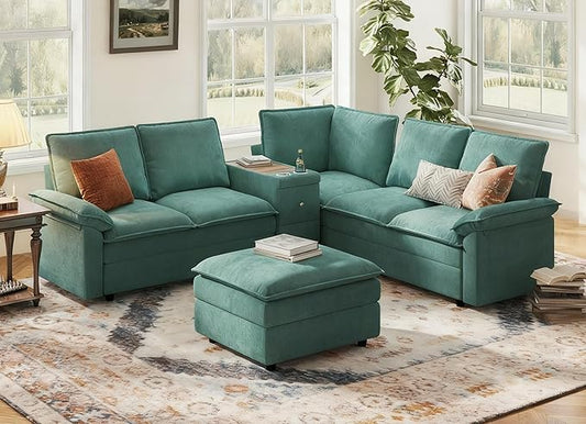 LINSY HOME Modular Sectional Couch Set, 99.7" V Shaped Cloud Sofa with Versatile Console, Chenille 5 Seater Sofa Set for Living Room, Apartment, Office, Grey