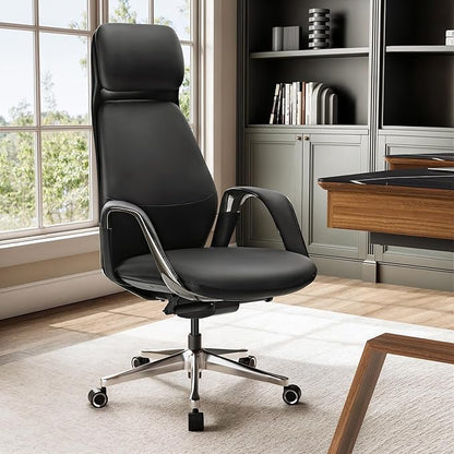 EUREKA ERGONOMIC Serene Executive Office Chair Genuine Leather Office Chair, Modern Executive Chair 135° Back Support Comfy Desk Chair with Arms & Aluminum Base for Home-Black