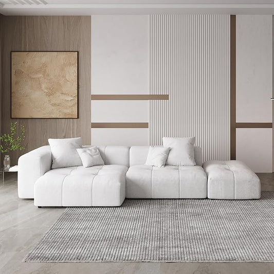 WJShome Modern Modular Sofa with Ottoman,119" L Shaped Sectional Couch, Linen Deep Loveseat with Pillows Couches for Living Room, Bedroom and Apartment,White
