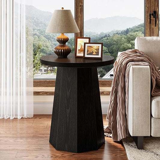 Tribesigns Farmhouse Round End Table, Wooden Couch Side Table with Octagonal Base, Black Nightstand Pedestal Accent Furniture for Living Room, Bedroom (1)