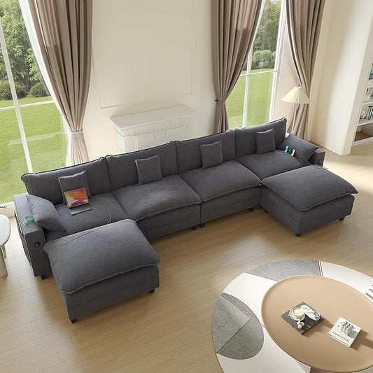 Cloud Couch, Modular Sectional Sofa with Ottoman, Charging Station, Throw Pillows, Cup Holders, Modern Convertible L Shaped Couches for Living Room, Bedroom (Grey, 152"- U Shape)