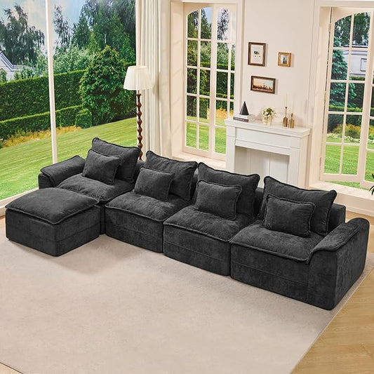 Hobestluk Cloud Modular Sectional Couch 4-Seater Sofa with Ottoman L Shaped Couch Deep Seat Sofa with Removable Cover Large Sofa for Living Room (Dark Grey, 4-Seater Sofa with One Ottoman)