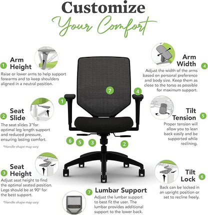HON Solve Task Chair, Ergonomic Office Chair Mesh Back Support, Adjustable Lumbar Support, with Wheels, Height-Adjustable Arms, for Computers, Desks, Home Office, Black