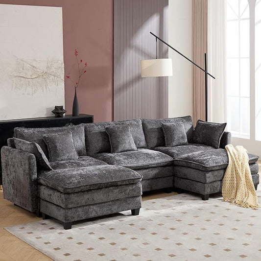 Plush Modular Cloud Sofa Set with Ottoman | L/U-Shaped Deep Seating Chenille Sectional for Family Living Room