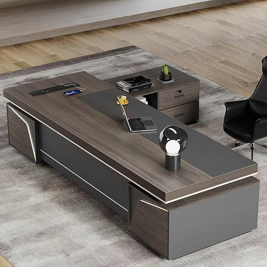 Large Executive Desk, Modern L-Shaped Computer Desk with Side Cabinets, Drawers and Password Lock, CEO Business Furniture Desk (Chair Not Included)(63x29.5x94.48inch)
