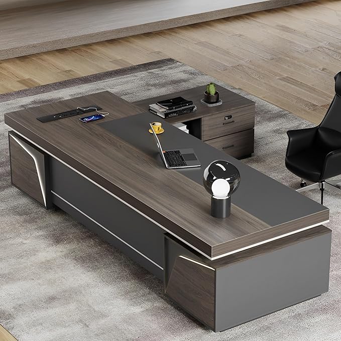 Modern Large Desk, Modern L-shaped Desk With Side Cabinets, Executive Desk With Combination Lock Drawer, Business Furniture Desk With Simple Cable Management (chair Not Included)(63x29.5x118inch)