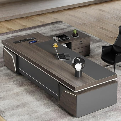 Modern Large Desk, Modern L-shaped Desk With Side Cabinets, Executive Desk With Combination Lock Drawer, Business Furniture Desk With Simple Cable Management (chair Not Included)(63x29.5x102.3inch)