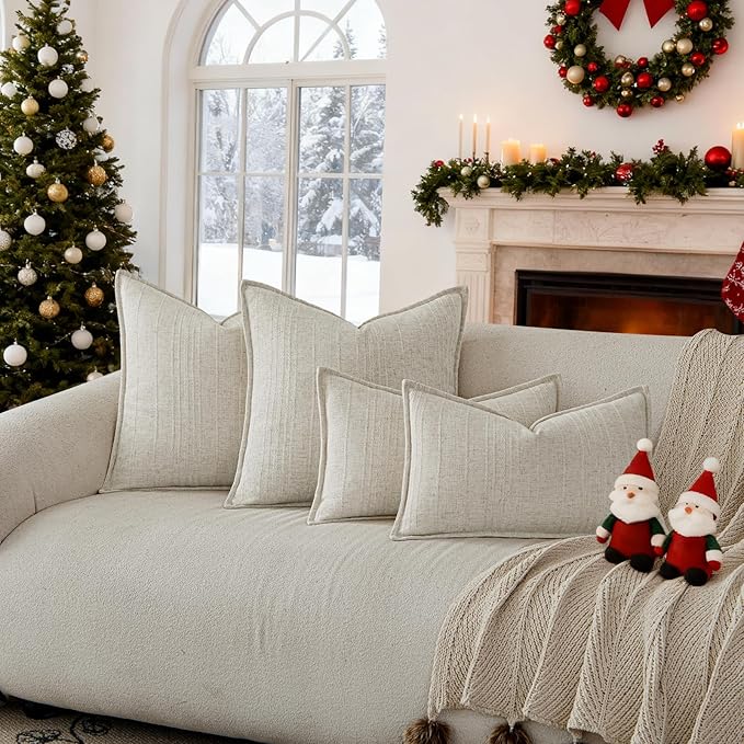 a moment Linen Pillow Covers Set of 2,Boho Farmhouse Throw Pillowcases Neutral Textured Decorative Covers for Couch Sofa Bed, Soft Linen Blend Accent Case Cushion Christmas Home Decor 18"x18"Ivory
