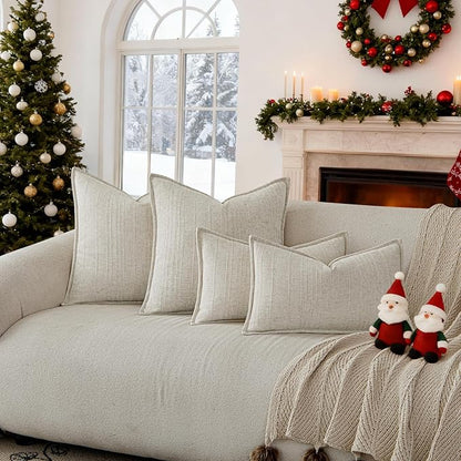a moment Linen Pillow Covers Set of 2,Boho Farmhouse Throw Pillowcases Neutral Textured Decorative Covers for Couch Sofa,Soft Linen Blend Accent Case Cushion Christmas Home Decor 24"x24"Ivory