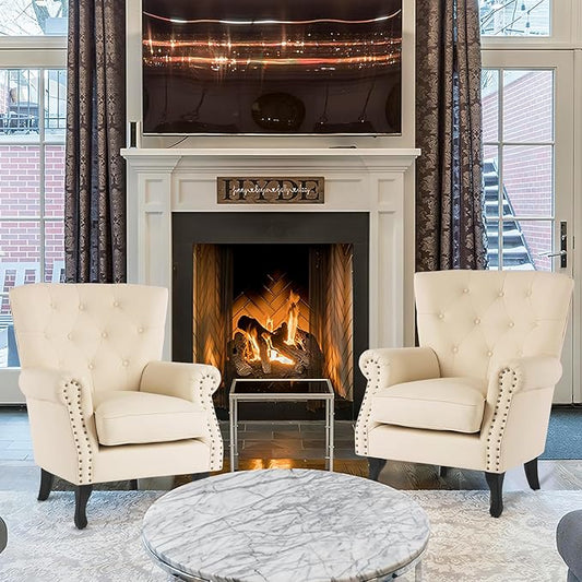 MOJAY PU Leather Accent Chair Set of 2, Modern Armchair Living Room Chair, Upholstered Club Chair with Rivet Trim, Mid-Century Sofa Chair with Sturdy Wood Legs for Bedroom (Ivory White)