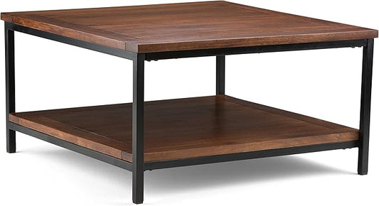 SIMPLIHOME Skyler Square Coffee Table - 34 inch Wide Solid Mango Wood and Metal Living Room Table in Dark Cognac Brown, Industrial Center Table for Family Room with Open Shelf and Black Frame