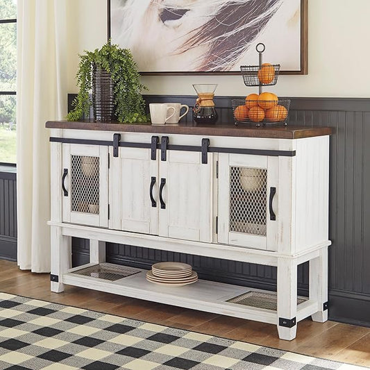 Signature Design by Ashley Valebeck Farmhouse Dining Room Server or Buffet Cabinet, White & Brown