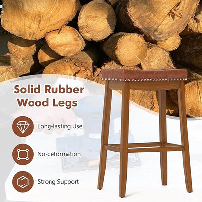 COSTWAY Saddle Bar Stools Set of 2, 29-Inch Bar Height Barstools w/PU Leather Seat, Solid Rubber Wood Frame, Footrest, Mid-Century Backless Bar Stools for Kitchen Island Home Bar