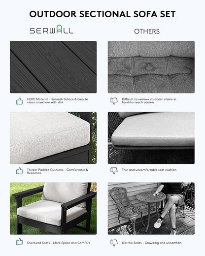 SERWALL HDPE Patio Furniture Set, 7-Piece Outdoor Sectional Sofa Set, All Weather Outdoor Couch Set for Deck, Lawn, Black Frame with Khaki Cushion